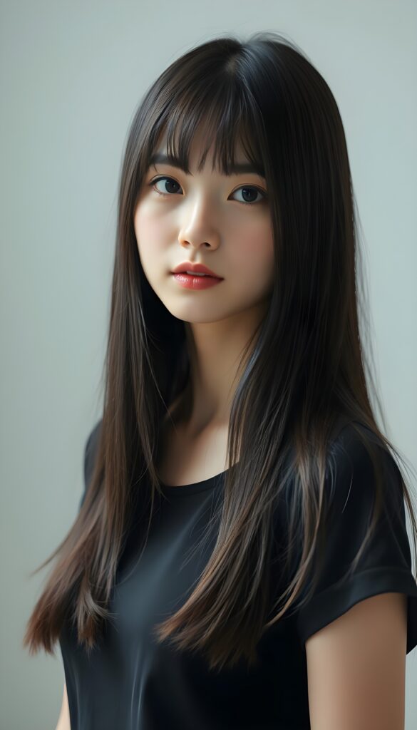 a cute Chinese girl, black soft long hair falls down in the same length left and right. Bangs cut frame perfect her round face, flawless skin, stunning, gorgeous. Black dressed in a t-shirt. Perfect symmetrical body. Empty white backdrop.
