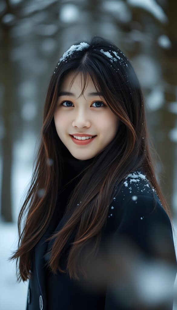 a cute Korean teen girl, she is very happy, ((perfect, detailed portrait)), she has long black hair and brown highlights, ((light blue eyes)), wears a black coat. Snow in her hair. Cold backdrop in a snowy forest.