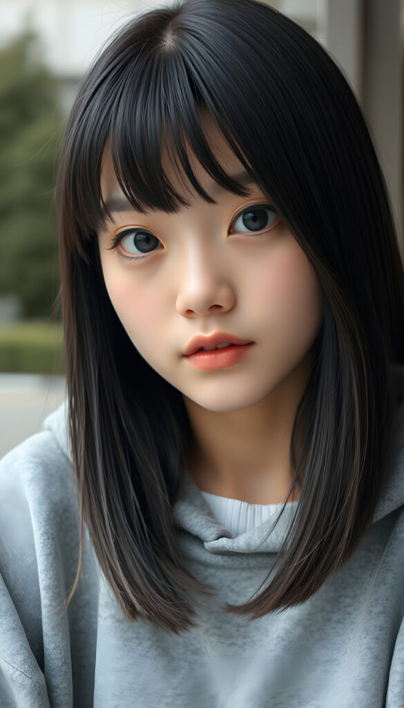 a cute Korean teen girl, straight soft jet black hair same length right an left, bob cut, bangs, flawless skin, full lips, black round eyes, wears a grey hoodie