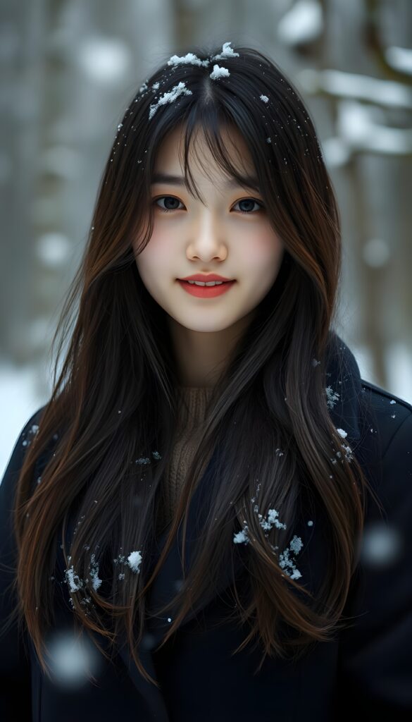 a cute Korean teen girl, she is very happy, ((perfect, detailed portrait)), she has long black hair and brown highlights, ((light blue eyes)), wears a black coat. Snow in her hair. Cold backdrop in a snowy forest.