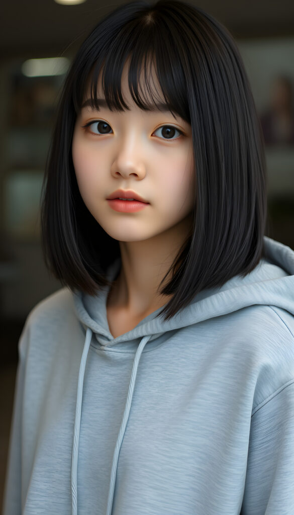 a cute Korean teen girl, straight soft jet black hair same length right an left, bob cut, bangs, flawless skin, full lips, black round eyes, wears a grey hoodie