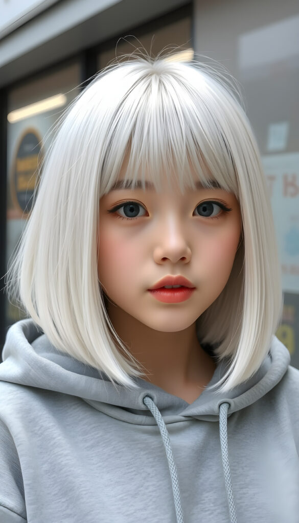 a cute Korean teen girl, straight soft jet white hair same length right an left, bob cut, bangs, flawless skin, full lips, black round eyes, wears a grey hoodie