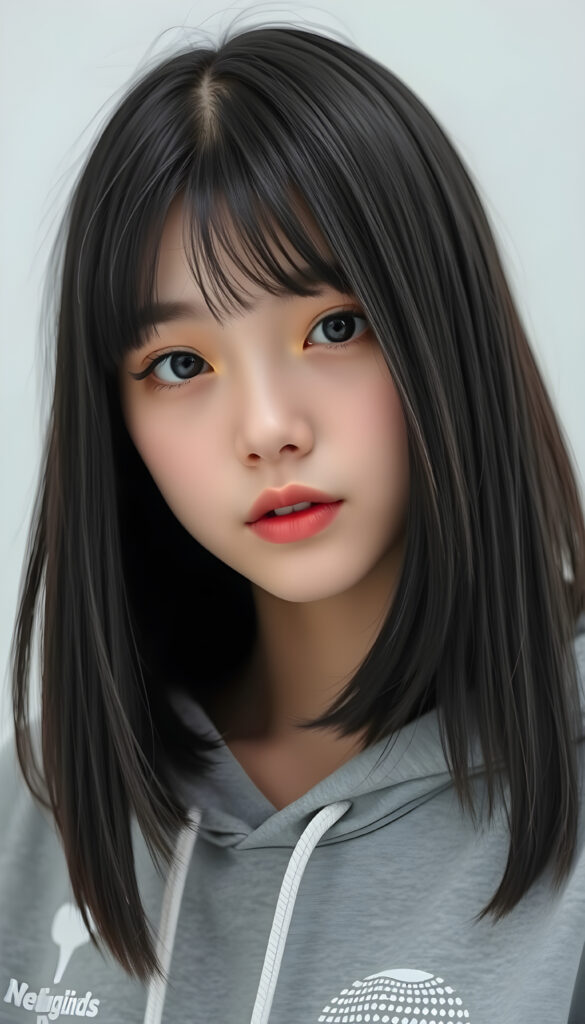a cute Korean teen girl, straight soft jet black hair same length right an left, bob cut, bangs, flawless skin, full lips, black round eyes, wears a grey hoodie
