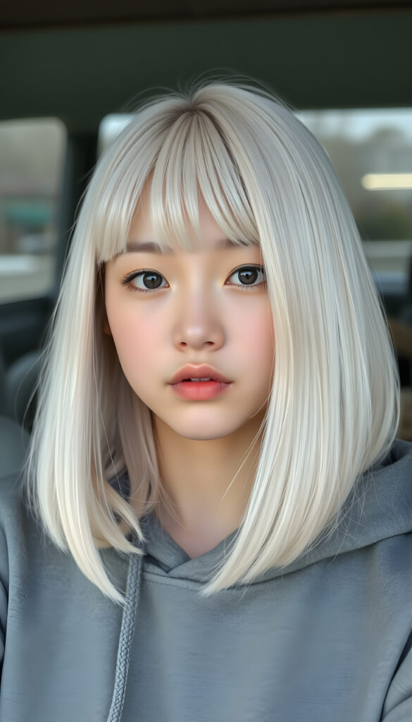 a cute Korean teen girl, straight soft jet white hair same length right an left, bob cut, bangs, flawless skin, full lips, black round eyes, wears a grey hoodie