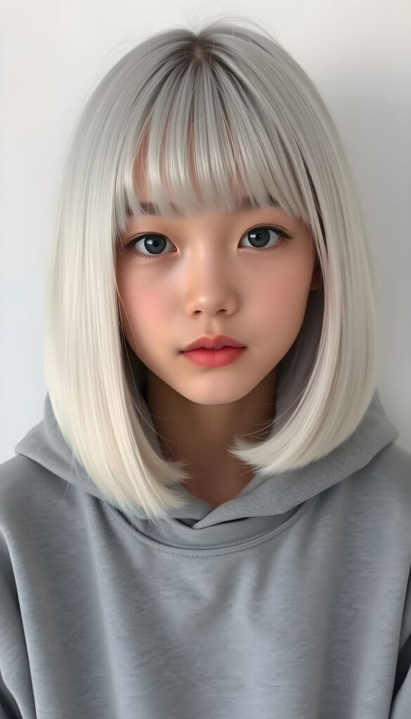 a cute Korean teen girl, straight soft jet white hair same length right an left, bob cut, bangs, flawless skin, full lips, black round eyes, wears a grey hoodie