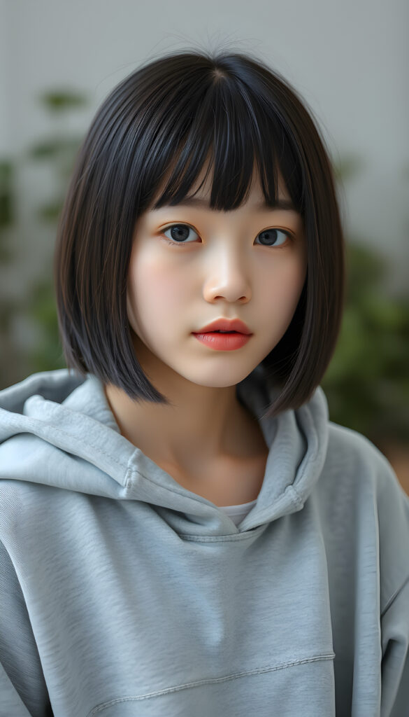 a cute Korean teen girl, straight soft jet black hair same length right an left, bob cut, bangs, flawless skin, full lips, black round eyes, wears a grey hoodie
