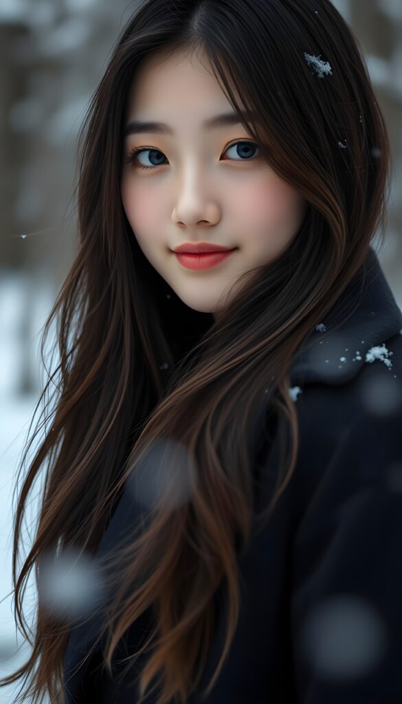 a cute Korean teen girl, she is very happy, ((perfect, detailed portrait)), she has long black hair and brown highlights, ((light blue eyes)), wears a black coat. Snow in her hair. Cold backdrop in a snowy forest.