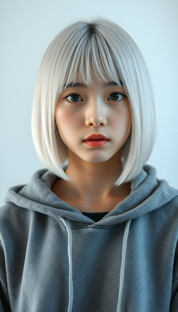 a cute Korean teen girl, straight soft jet white hair same length right an left, bob cut, bangs, flawless skin, full lips, black round eyes, wears a grey hoodie