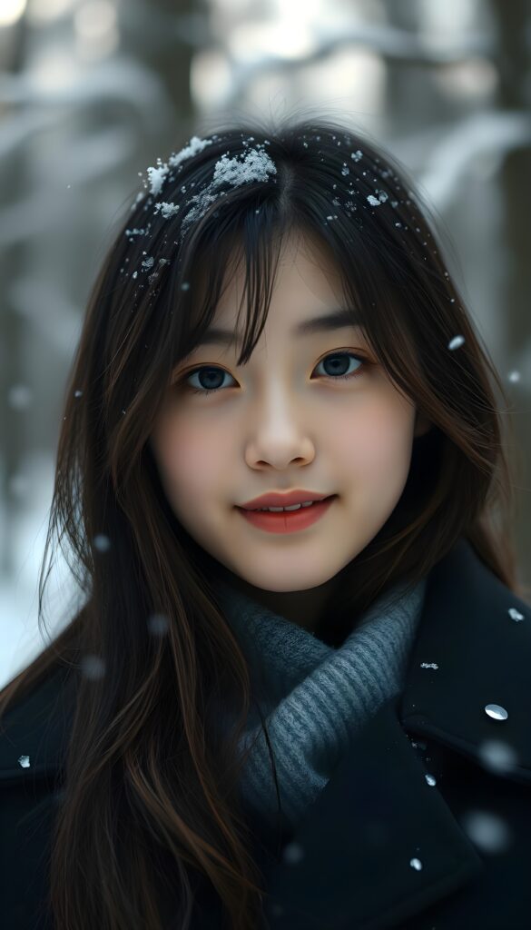 a cute Korean teen girl, she is very happy, ((perfect, detailed portrait)), she has long black hair and brown highlights, ((light blue eyes)), wears a black coat. Snow in her hair. Cold backdrop in a snowy forest.