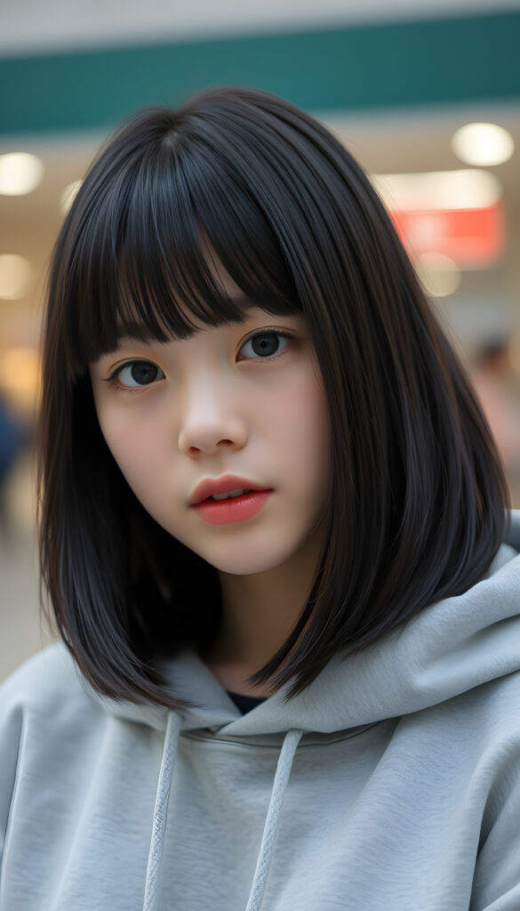 a cute Korean teen girl, straight soft jet black hair same length right an left, bob cut, bangs, flawless skin, full lips, black round eyes, wears a grey hoodie