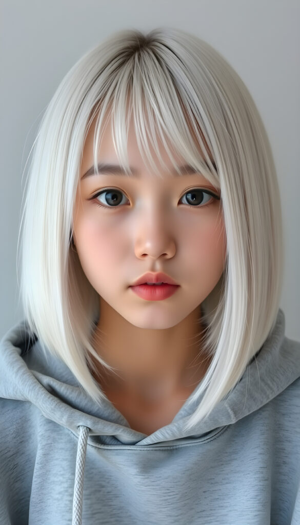 a cute Korean teen girl, straight soft jet white hair same length right an left, bob cut, bangs, flawless skin, full lips, black round eyes, wears a grey hoodie