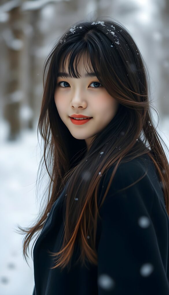 a cute Korean teen girl, she is very happy, ((perfect, detailed portrait)), she has long black hair and brown highlights, ((light blue eyes)), wears a black coat. Snow in her hair. Cold backdrop in a snowy forest.