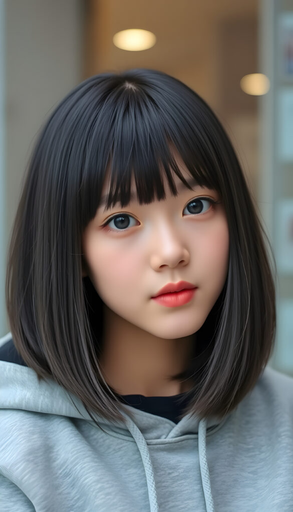 a cute Korean teen girl, straight soft jet black hair same length right an left, bob cut, bangs, flawless skin, full lips, black round eyes, wears a grey hoodie