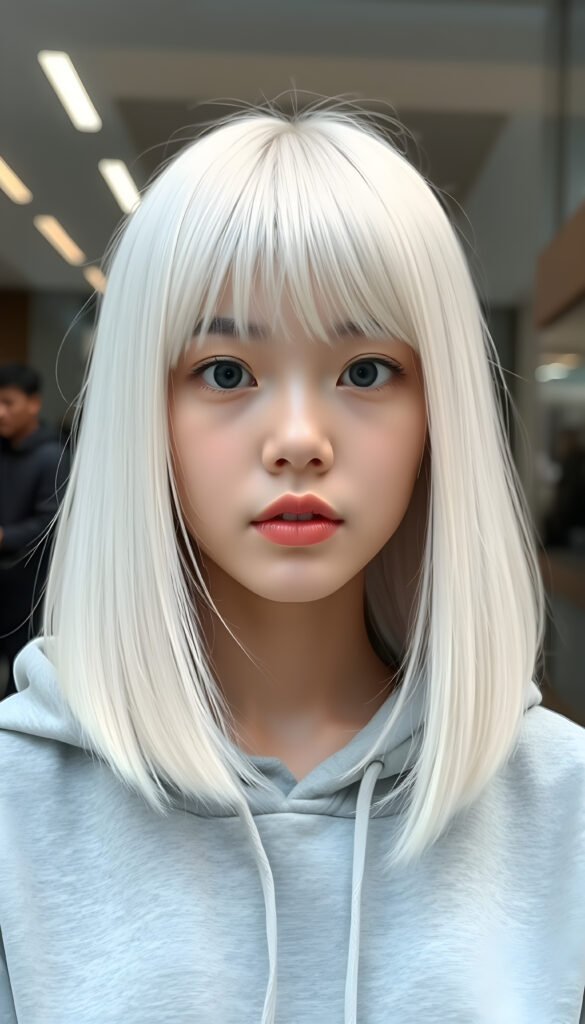 a cute Korean teen girl, straight soft jet white hair same length right an left, bob cut, bangs, flawless skin, full lips, black round eyes, wears a grey hoodie
