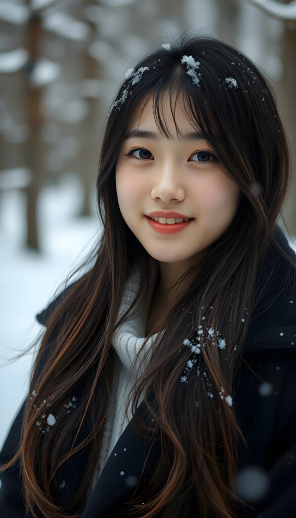 a cute Korean teen girl, she is very happy, ((perfect, detailed portrait)), she has long black hair and brown highlights, ((light blue eyes)), wears a black coat. Snow in her hair. Cold backdrop in a snowy forest.