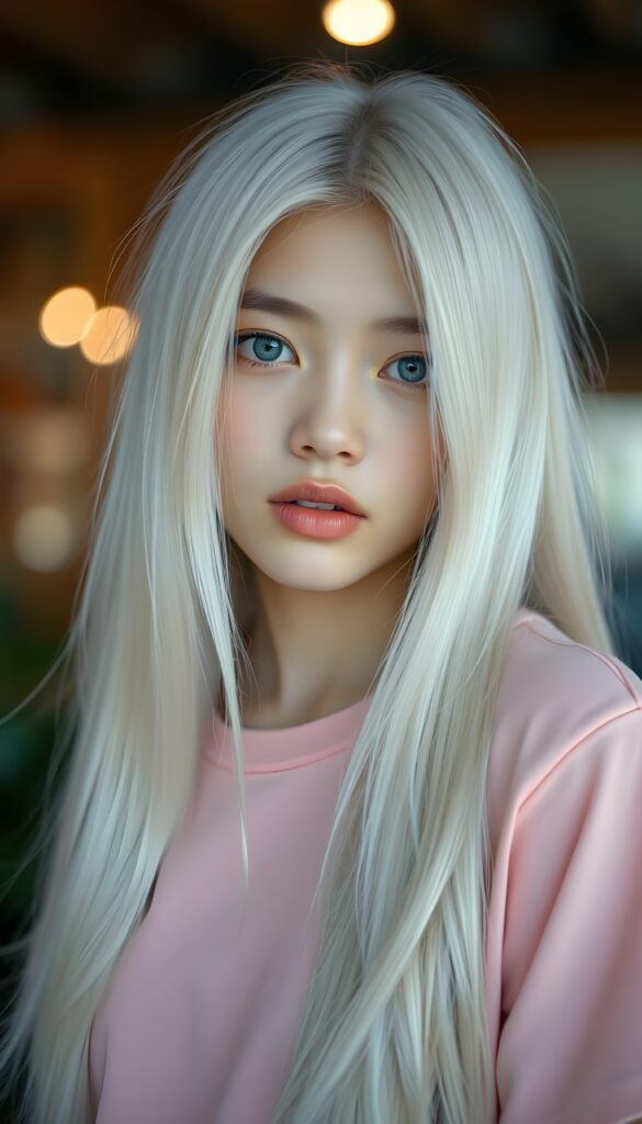 a (((cute adult girl))) with (((thoughtfully long soft white straight hair))), that gently curls into a (((playful but welcoming pose))), as she gives off an air of (carefulness and attention to detail) in her expression. Her (((vividly beautiful eyes))), which exude a sense of (curious intelligence), are framed by (full, defined kissable lips) that convey a feeling of (playfulness). She’s dressed in a (softly fitted pink T-shirt), perfect body