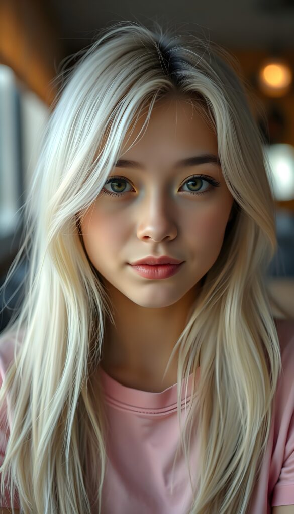 a (((cute adult girl))) with (((thoughtfully long soft white straight hair))), that gently curls into a (((playful but welcoming pose))), as she gives off an air of (carefulness and attention to detail) in her expression. Her (((vividly beautiful eyes))), which exude a sense of (curious intelligence), are framed by (full, defined kissable lips) that convey a feeling of (playfulness). She’s dressed in a (softly fitted pink T-shirt), perfect body