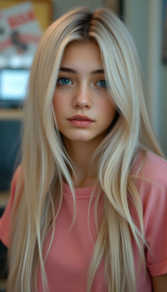 a (((cute adult girl))) with (((thoughtfully long soft white straight hair))), that gently curls into a (((playful but welcoming pose))), as she gives off an air of (carefulness and attention to detail) in her expression. Her (((vividly beautiful eyes))), which exude a sense of (curious intelligence), are framed by (full, defined kissable lips) that convey a feeling of (playfulness). She’s dressed in a (softly fitted pink T-shirt), perfect body