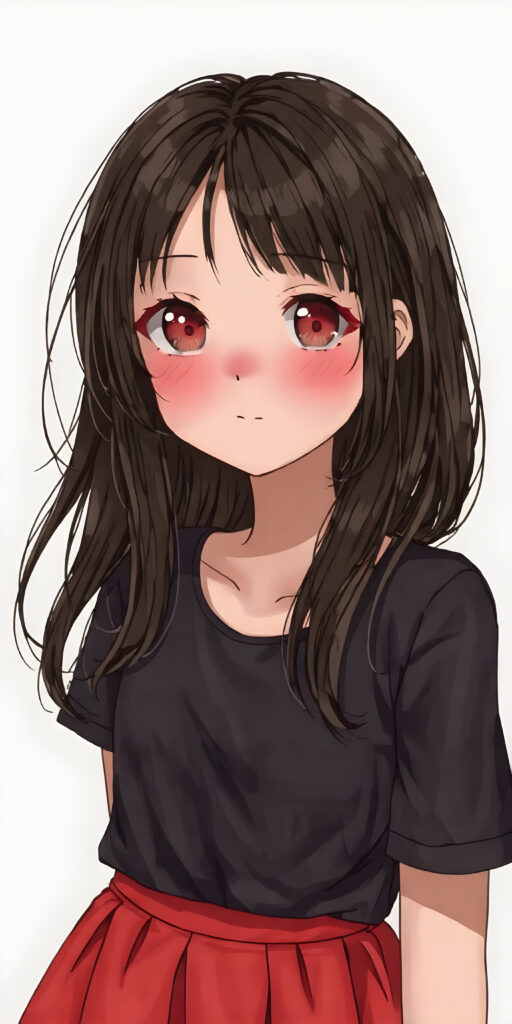 a (((cute adult girl))) with (((thoughtfully long soft drawn black straight hair))), that gently curls into a (((playful but welcoming pose))), as she gives off an air of (carefulness and attention to detail) in her expression. Her (((vividly beautiful eyes))), which exude a sense of (curious intelligence), are framed by (full, defined red lips) that convey a feeling of (playfulness). She's dressed in a (softly fitted short black T-shirt) with (flared, glossy red skirt) that make her overall height and figure (extremely accurate and exceptionally well drawn), stand in front of the viewer, grey backdrop