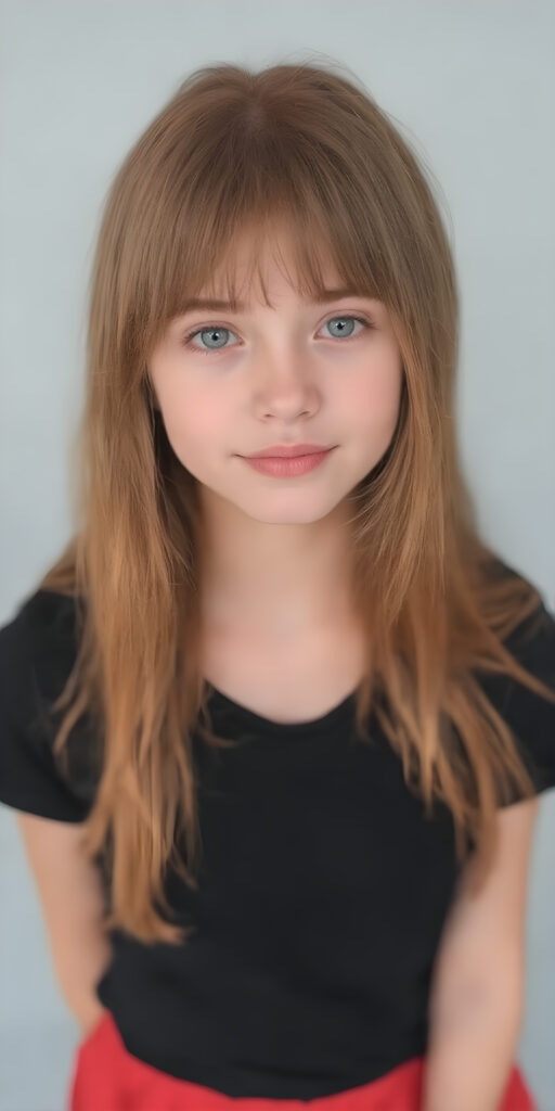 a (((cute adult girl))) with (((thoughtfully long soft red straight hair))), that gently curls into a (((playful but welcoming pose))), as she gives off an air of (carefulness and attention to detail) in her expression. Her (((vividly beautiful eyes))), which exude a sense of (curious intelligence), are framed by (full, defined red lips) that convey a feeling of (playfulness). She's dressed in a (softly fitted short black T-shirt) with (flared, glossy red skirt) that make her overall height and figure (extremely accurate and exceptionally well realistic photo), stand in front of the viewer, grey backdrop