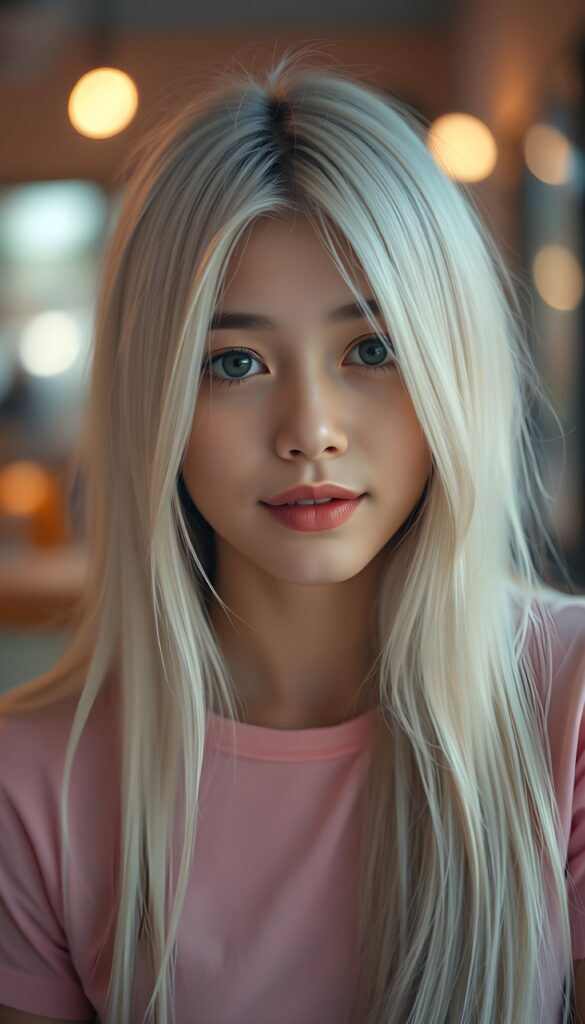 a (((cute adult girl))) with (((thoughtfully long soft white straight hair))), that gently curls into a (((playful but welcoming pose))), as she gives off an air of (carefulness and attention to detail) in her expression. Her (((vividly beautiful eyes))), which exude a sense of (curious intelligence), are framed by (full, defined kissable lips) that convey a feeling of (playfulness). She’s dressed in a (softly fitted pink T-shirt), perfect body