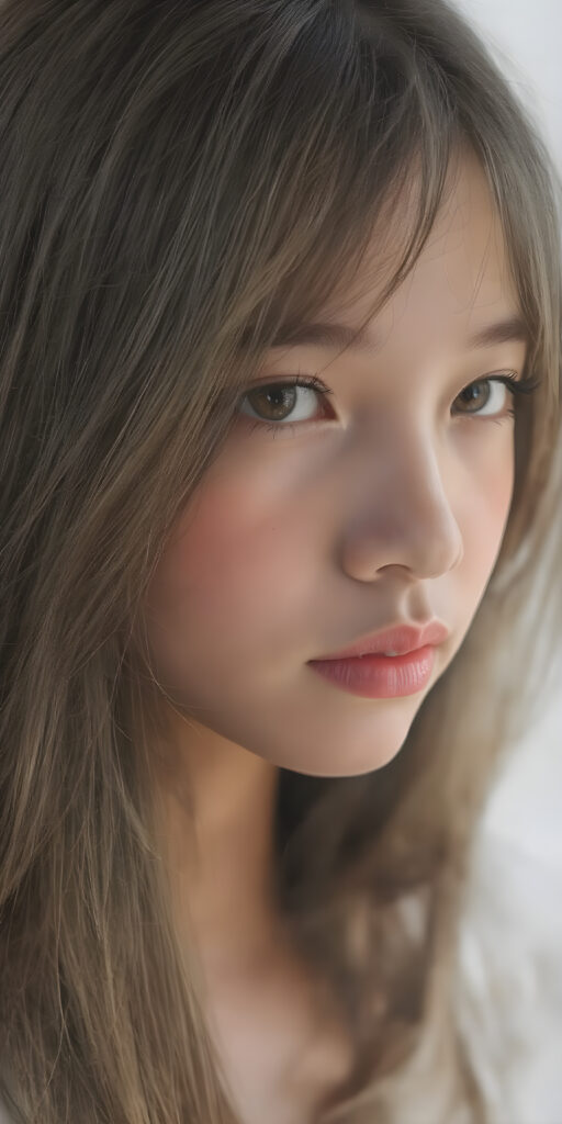 a (((cute adult girl))) with (((thoughtfully poised, straight soft long flowing hair))), framed by a beautifully drawn (((the silhouette of her head and full body, showcasing ultra-realistic details with intricate texture and realistic color depth))), exquisite lighting that brings the scene to life in a (((highly detailed, high-resolution portrait))), embodying a (((classic full body portrait with a modern twist))), advanced styling techniques like (((soft shading on her face and crisp details))), paired with (((subtle yet vivid color depth))), capturing her in a (((perfectly composed moment))) that exudes an air of (((ultra-realism))). The overall look is both (((classic and modern)), with (((extremely high detail on her face))), a modern and sleek silhouette on her full body, set against a backdrop of natural beauty that brings this highly advanced image to life.