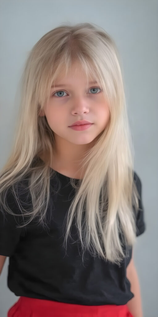 a (((cute adult girl))) with (((thoughtfully long soft white straight hair))), that gently curls into a (((playful but welcoming pose))), as she gives off an air of (carefulness and attention to detail) in her expression. Her (((vividly beautiful eyes))), which exude a sense of (curious intelligence), are framed by (full, defined red lips) that convey a feeling of (playfulness). She's dressed in a (softly fitted short black T-shirt) with (flared, glossy red skirt) that make her overall height and figure (extremely accurate and exceptionally well realistic photo), stand in front of the viewer, grey backdrop