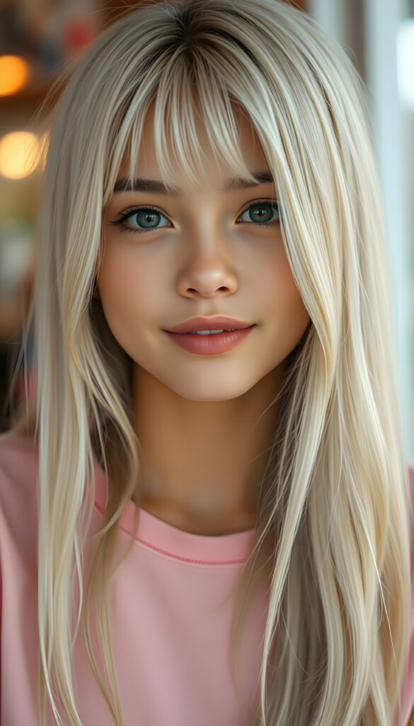 a (((cute adult girl))) with (((thoughtfully long soft white straight hair))), that gently curls into a (((playful but welcoming pose))), as she gives off an air of (carefulness and attention to detail) in her expression. Her (((vividly beautiful eyes))), which exude a sense of (curious intelligence), are framed by (full, defined kissable lips) that convey a feeling of (playfulness). She’s dressed in a (softly fitted pink T-shirt), perfect body