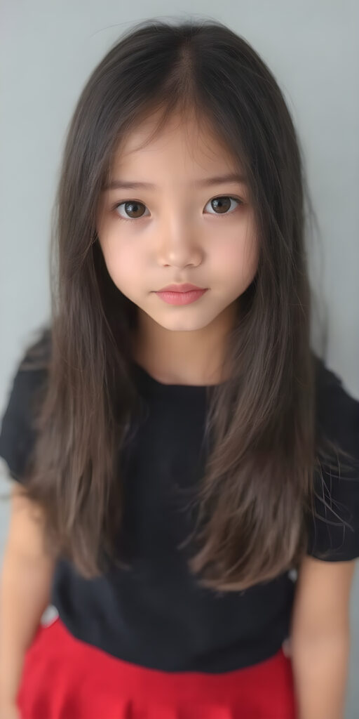a (((cute adult girl))) with (((thoughtfully long soft black straight hair))), that gently curls into a (((playful but welcoming pose))), as she gives off an air of (carefulness and attention to detail) in her expression. Her (((vividly beautiful eyes))), which exude a sense of (curious intelligence), are framed by (full, defined red lips) that convey a feeling of (playfulness). She's dressed in a (softly fitted short black T-shirt) with (flared, glossy red skirt) that make her overall height and figure (extremely accurate and exceptionally well realistic photo), stand in front of the viewer, grey backdrop