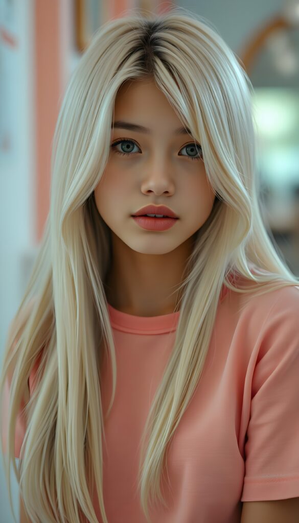 a (((cute adult girl))) with (((thoughtfully long soft white straight hair))), that gently curls into a (((playful but welcoming pose))), as she gives off an air of (carefulness and attention to detail) in her expression. Her (((vividly beautiful eyes))), which exude a sense of (curious intelligence), are framed by (full, defined kissable lips) that convey a feeling of (playfulness). She’s dressed in a (softly fitted pink T-shirt), perfect body