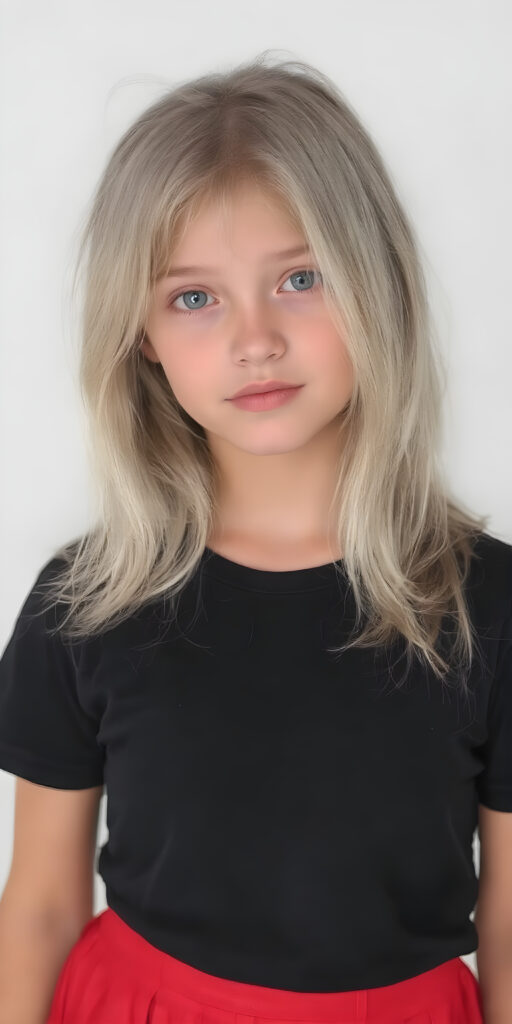 a (((cute adult girl))) with (((thoughtfully long soft white straight hair))), that gently curls into a (((playful but welcoming pose))), as she gives off an air of (carefulness and attention to detail) in her expression. Her (((vividly beautiful eyes))), which exude a sense of (curious intelligence), are framed by (full, defined red lips) that convey a feeling of (playfulness). She's dressed in a (softly fitted short black T-shirt) with (flared, glossy red skirt) that make her overall height and figure (extremely accurate and exceptionally well realistic photo), stand in front of the viewer, grey backdrop