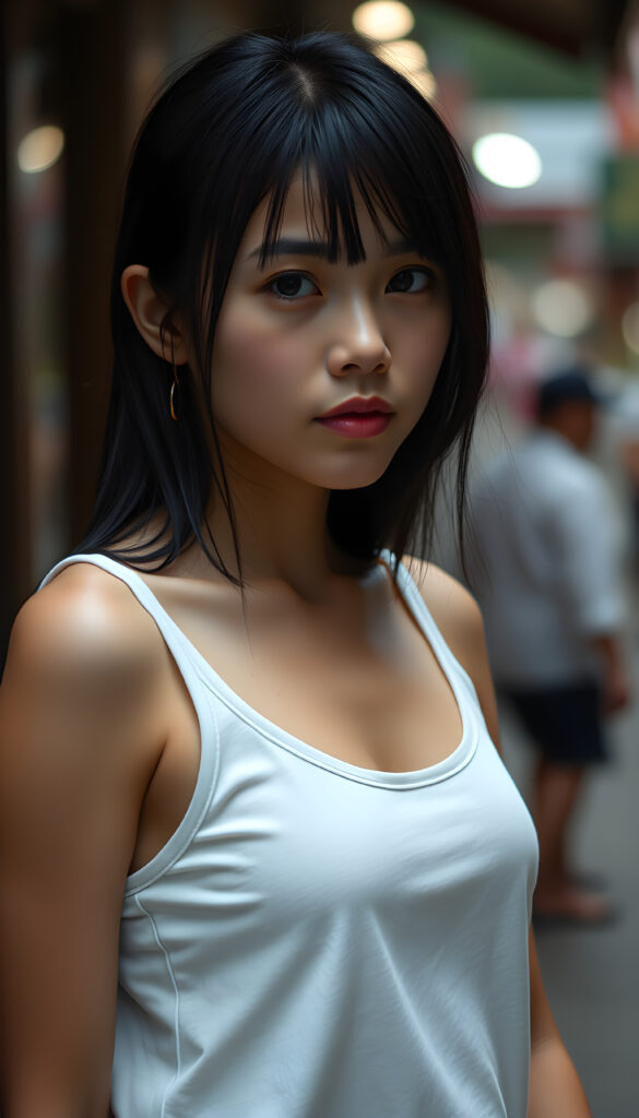 a cute black haired girl, beautiful, stunning, gorgeous, thin plain dressed in a white tank top, straight jet hair
