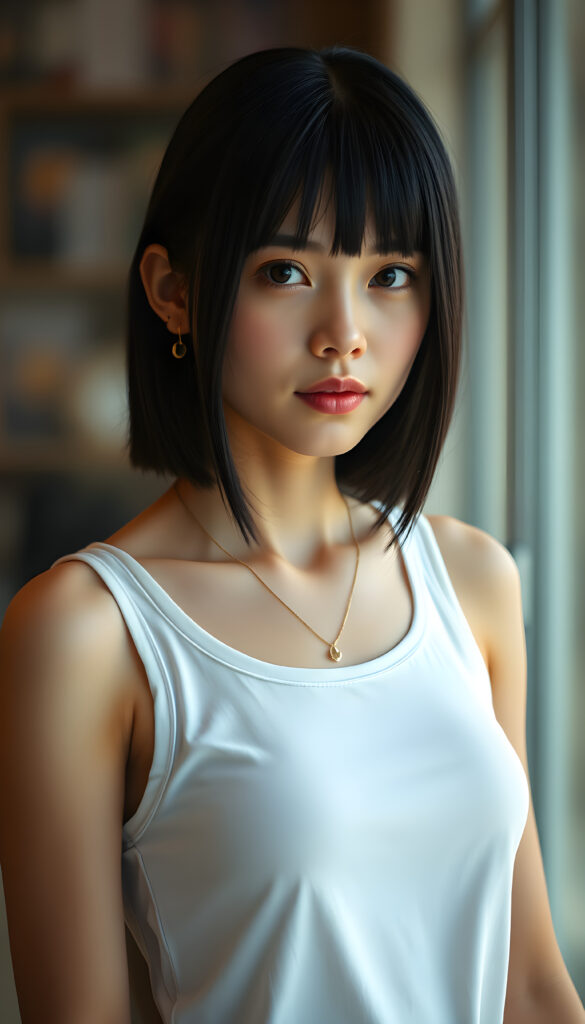 a cute black haired girl, beautiful, stunning, gorgeous, thin plain dressed in a white tank top, straight jet hair