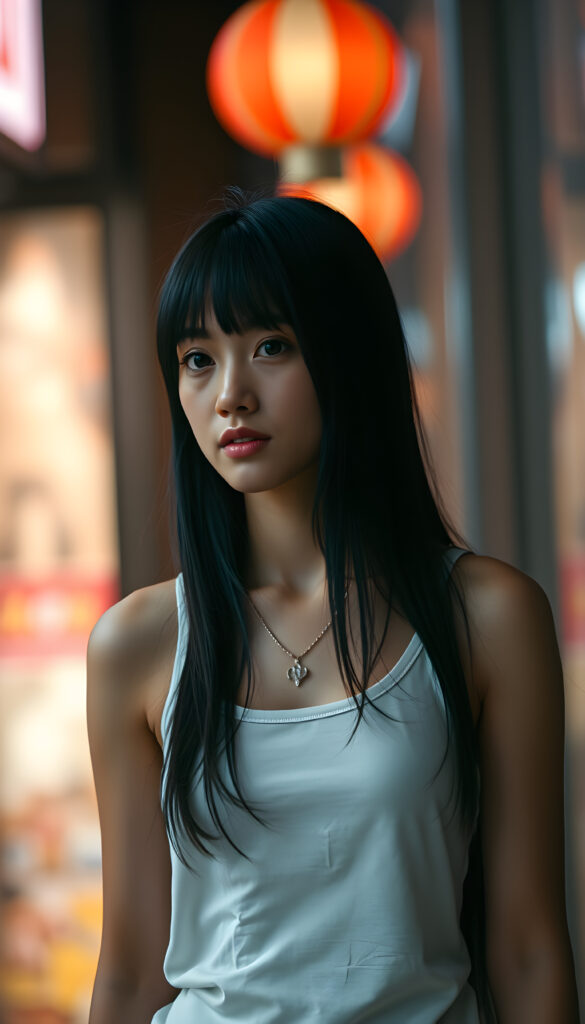 a cute black haired girl, beautiful, stunning, gorgeous, thin plain dressed in a white tank top, straight jet hair