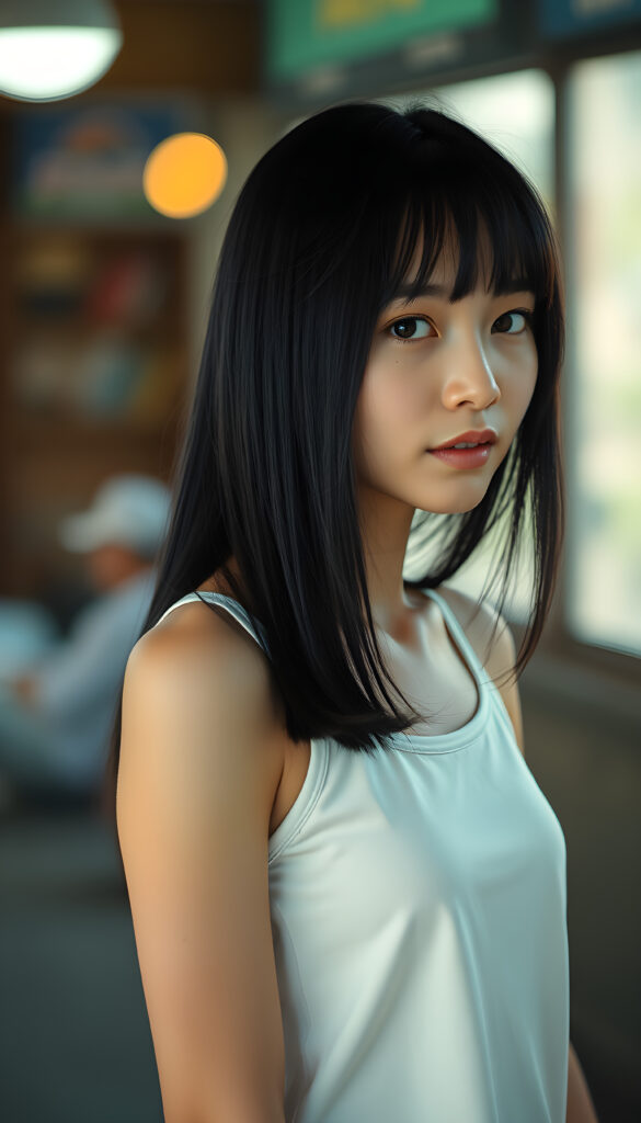 a cute black haired girl, beautiful, stunning, gorgeous, thin plain dressed in a white tank top, straight jet hair