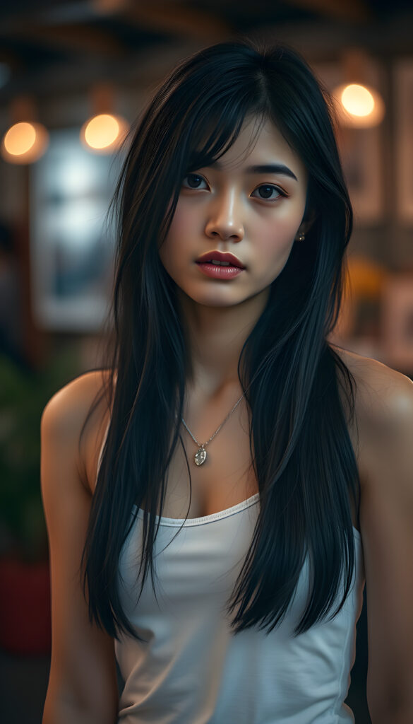 a cute black haired girl, beautiful, stunning, gorgeous, thin plain dressed in a white tank top, straight jet hair