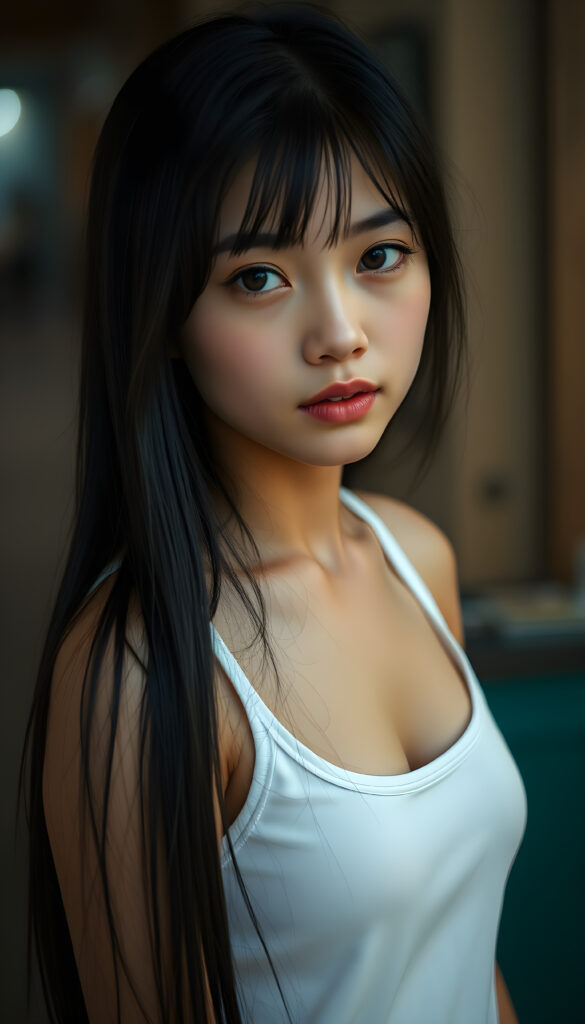 a cute black haired girl, beautiful, stunning, gorgeous, thin plain dressed in a white tank top, straight jet hair