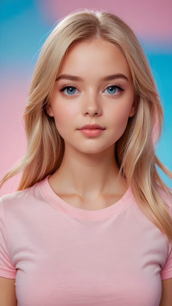 a cute blonde teen girl looks like barbie, soft straight hair, upper-body, ((light pink plain t-shirt)), perfect curved body, light blue eyes, detailed face, pink backdrop