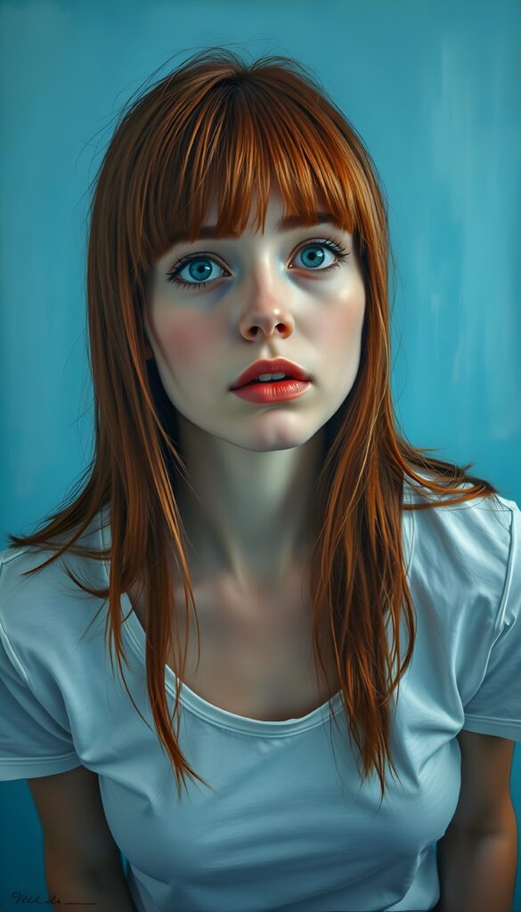 a cute charming red haired girl, straight jet soft long hair, blue eyes, view from above, bangs frame her round face, wears a thin white plain t-shirt deep neck, neon blue backdrop. She looks very confused up to the viewer.