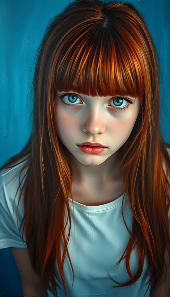 a cute charming red haired girl, straight jet soft long hair, blue eyes, view from above, bangs frame her round face, wears a thin white plain t-shirt deep neck, neon blue backdrop. She looks very confused up to the viewer.