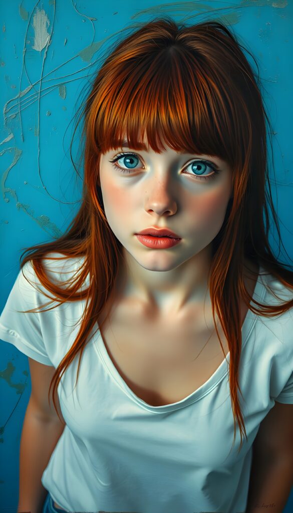 a cute charming red haired girl, straight jet soft long hair, blue eyes, view from above, bangs frame her round face, wears a thin white plain t-shirt deep neck, neon blue backdrop. She looks very confused up to the viewer.