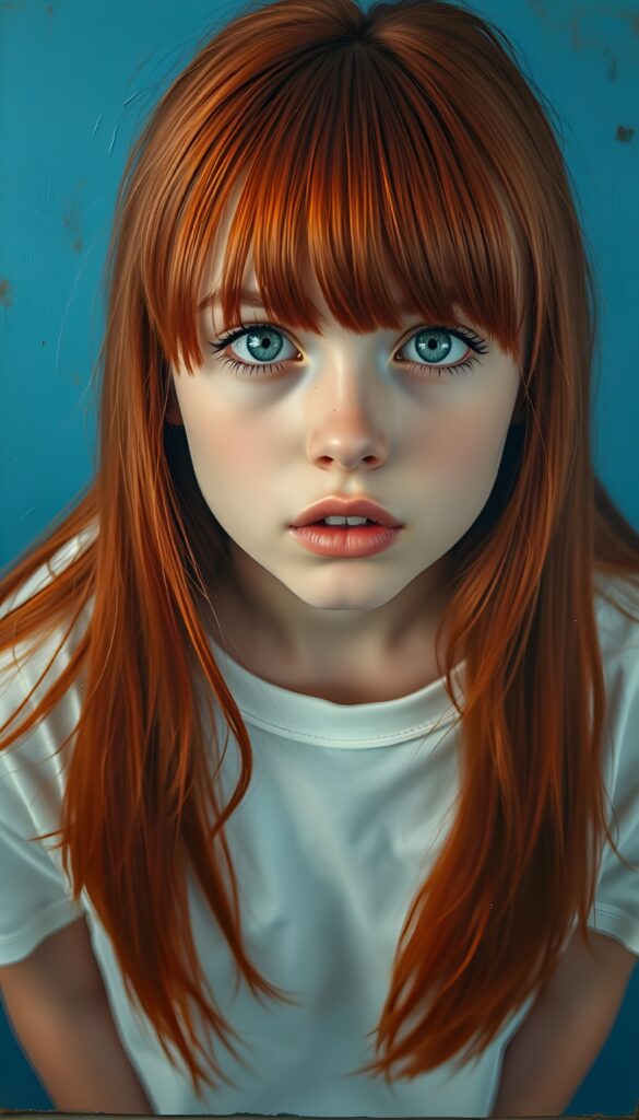 a cute charming red haired girl, straight jet soft long hair, blue eyes, view from above, bangs frame her round face, wears a thin white plain t-shirt deep neck, neon blue backdrop. She looks very confused up to the viewer.