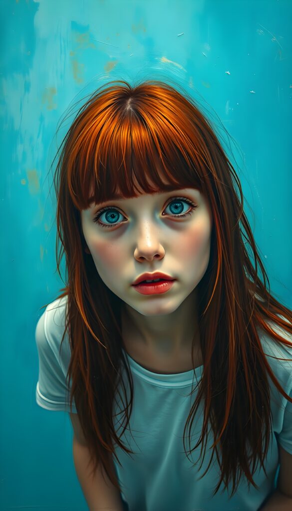 a cute charming red haired girl, straight jet soft long hair, blue eyes, view from above, bangs frame her round face, wears a thin white plain t-shirt deep neck, neon blue backdrop. She looks very confused up to the viewer.