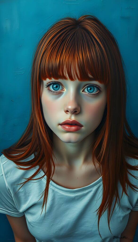 a cute charming red haired girl, straight jet soft long hair, blue eyes, view from above, bangs frame her round face, wears a thin white plain t-shirt deep neck, neon blue backdrop. She looks very confused up to the viewer.