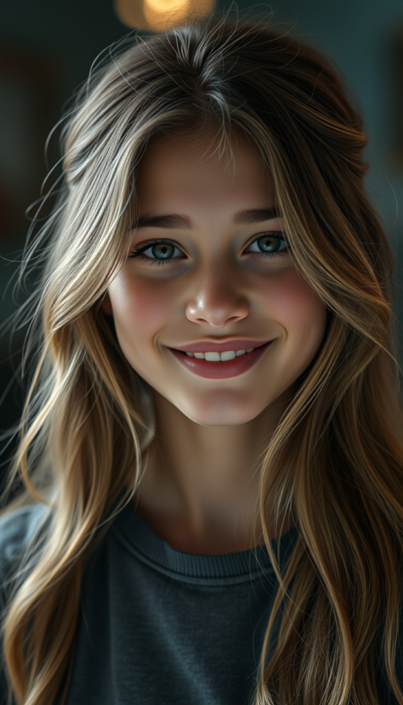 a cute detailed and realistic teen girl, detailed long gold full hair, warm smile, full portrait, (grey fine t-shirt), (gorgeous) (stunning) (model)