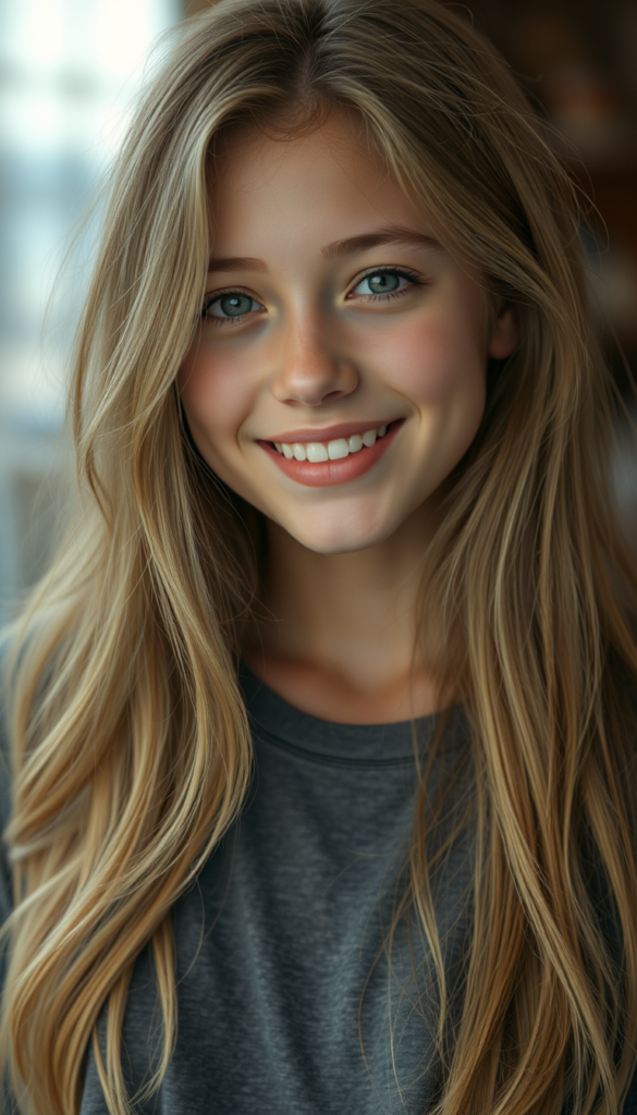 a cute detailed and realistic teen girl, detailed long gold full hair, warm smile, full portrait, (grey fine t-shirt), (gorgeous) (stunning) (model)