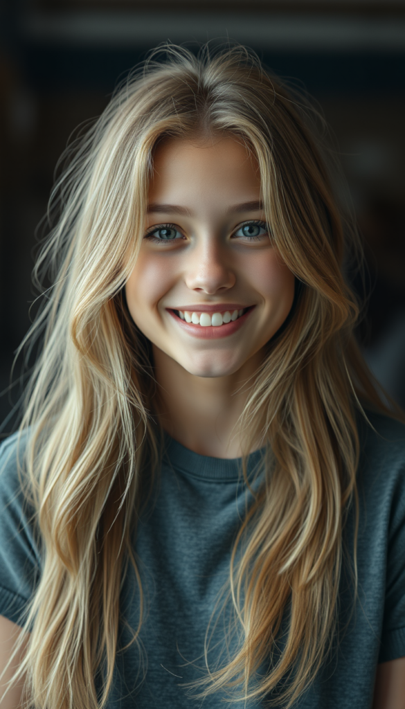 a cute detailed and realistic teen girl, detailed long gold full hair, warm smile, full portrait, (grey fine t-shirt), (gorgeous) (stunning) (model)