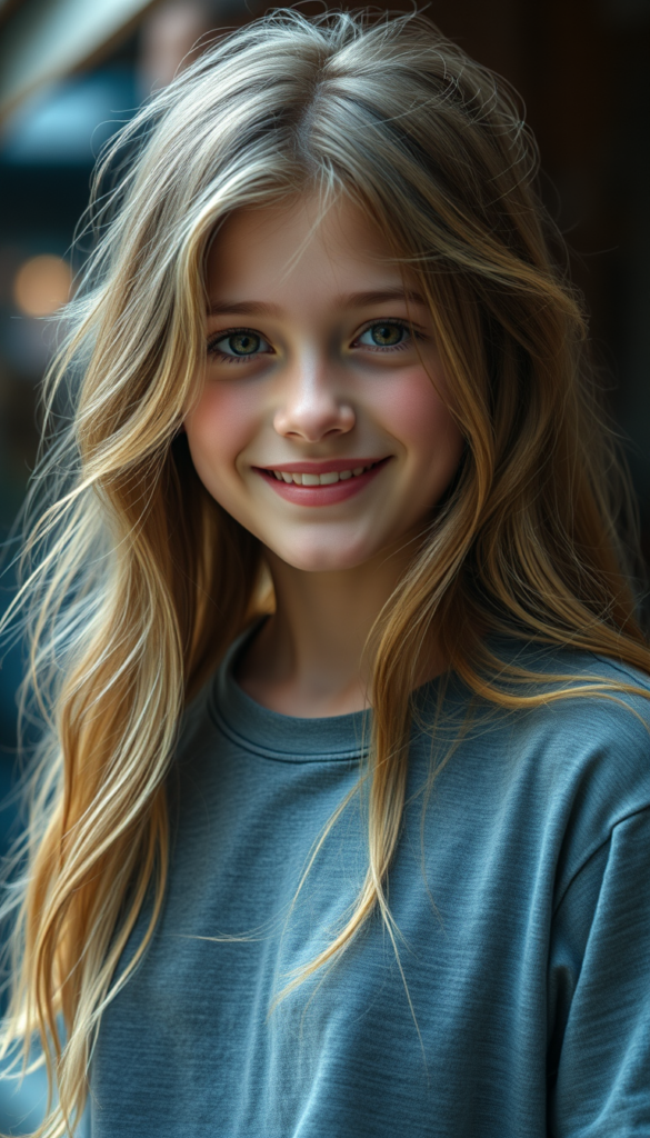 a cute detailed and realistic teen girl, detailed long gold full hair, warm smile, full portrait, (grey fine t-shirt), (gorgeous) (stunning) (model)
