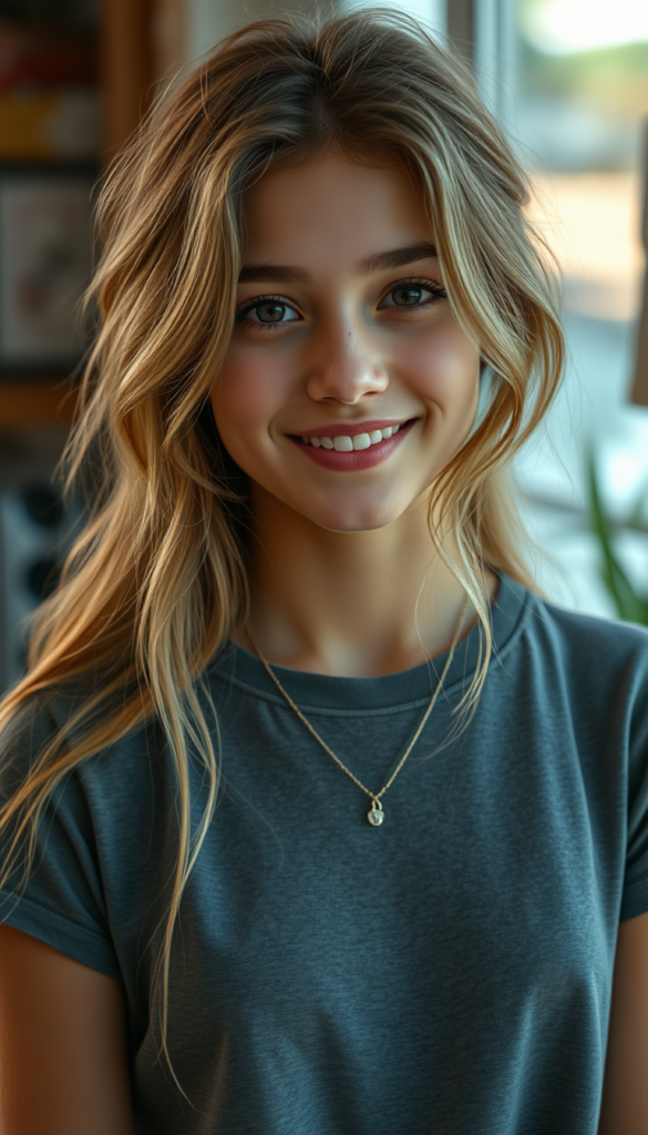 a cute detailed and realistic teen girl, detailed long gold full hair, warm smile, full portrait, (grey fine t-shirt), (gorgeous) (stunning) (model)