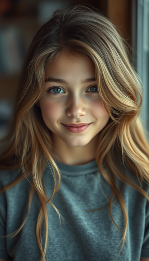 a cute detailed and realistic teen girl, detailed long gold full hair, warm smile, full portrait, (grey fine t-shirt), (gorgeous) (stunning) (model)